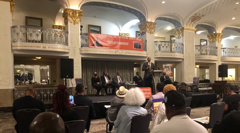 U.S. Rep. Hank Johnson, D-Lithonia, speaks during a rally led by Atlanta faith leaders who traveled to Washington seeking passage of new federal voting laws. Photo by Tia Mitchell/AJC