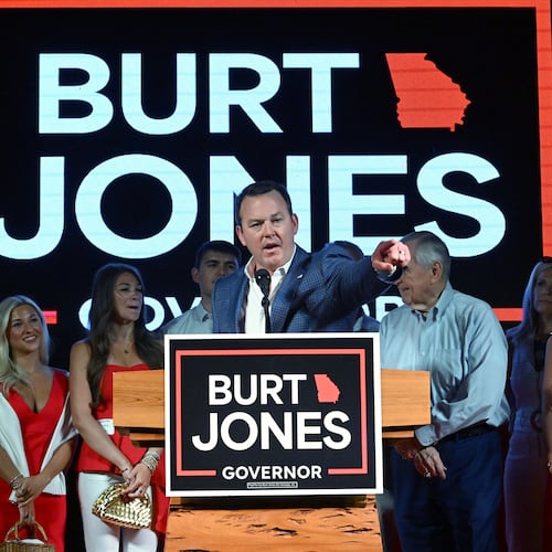 Georgia gubernatorial candidate Burt Jones addresses supporters during his election night party at The Rivers Ranch during the 2026 Georgia primary elections on Tuesday, May 19, 2026, in Jackson. (Hyosub Shin/AJC)