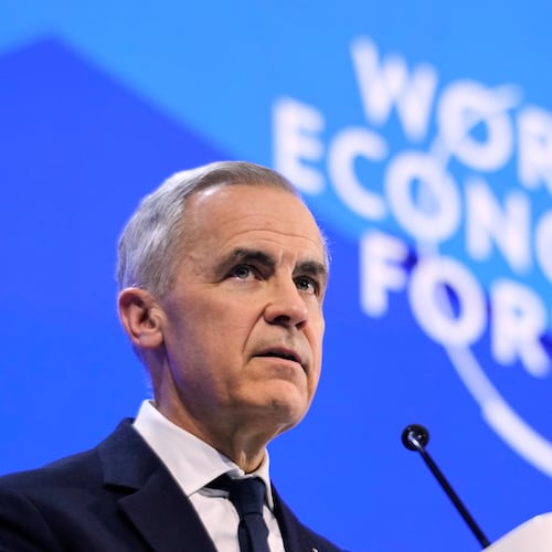 FILE - Canada's Prime Minister Mark Carney speaks during the Annual Meeting of the World Economic Forum in Davos, Switzerland, Jan. 20, 2026. (AP Photo/Markus Schreiber, File)