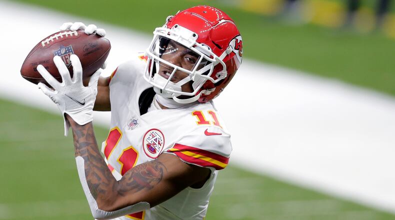 Kansas City Chiefs wide receiver Demarcus Robinson (11) warms up before an NFL football game against the New Orleans Saints Sunday, Dec. 20, 2020, in New Orleans. (Brett Duke/AP)