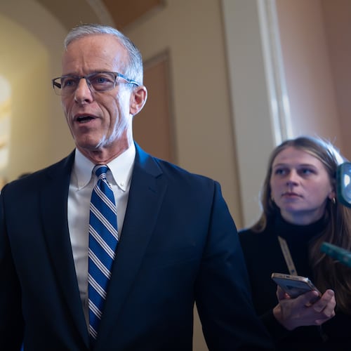 Speaking to reporters, Senate Majority Leader John Thune, R-S.D., responds to Senate Democratic Leader Chuck Schumer to reopen the government if Republicans extend expiring health care subsidies for one year, at the Capitol in Washington, Friday, Nov. 7, 2025, day 38 of the government shutdown. (AP Photo/J. Scott Applewhite)