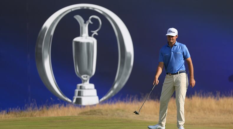 Jackson Suber of the United States putts win the 18th green during the first day of the British Open Golf championships at Royal Birkdale golf club, in Southport, England, Thursday, July 16, 2026. (AP Photo/Peter Morrison)