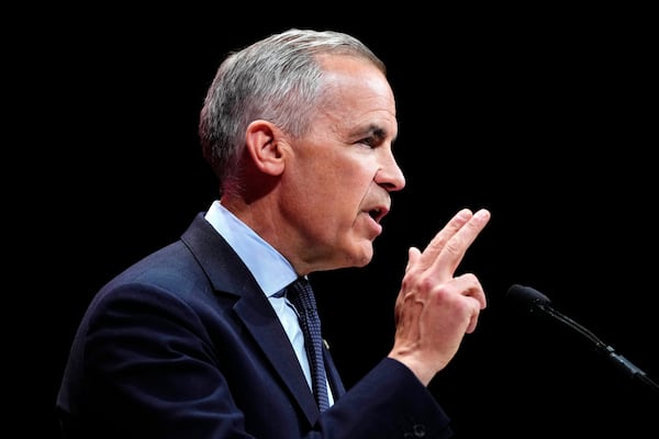 Canadian Prime Minister Mark Carney speaks on stage at his campaign headquarters after the Liberal Party won the Canadian election in Ottawa on Tuesday, April 29, 2025. (Justin Tang/The Canadian Press via AP)