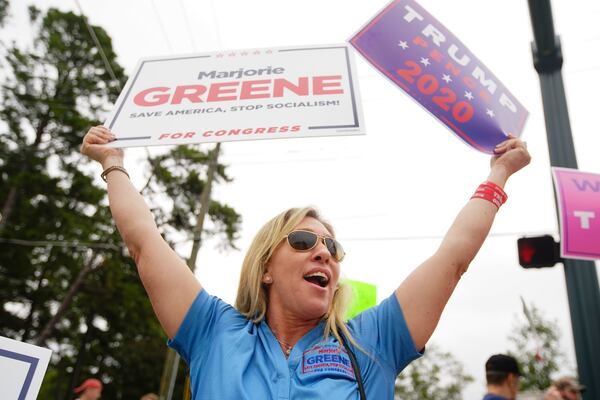 Marjorie Taylor Greene, seen in this 2019 image, stunned the Republican establishment when she won the GOP primary in the 14th District. (Elijah Nouvelage for the AJC)