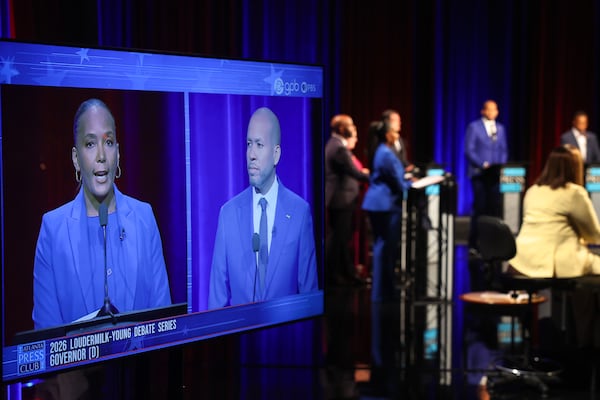 Democratic candidates for governor Keisha Lance Bottoms and Jason Esteves appear on screen at the Atlanta Press Club Loudermilk-Young debates at Georgia Public Broadcasting in Atlanta on April 27, 2026. (Arvin Temkar/AJC)