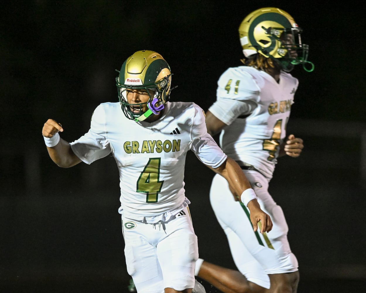 Grayson wide receiver Jonathan Stafford reacts to his touchdown against Collins Hill during the first half of play Friday, August 15, 2025. (Daniel Varnado for the AJC)