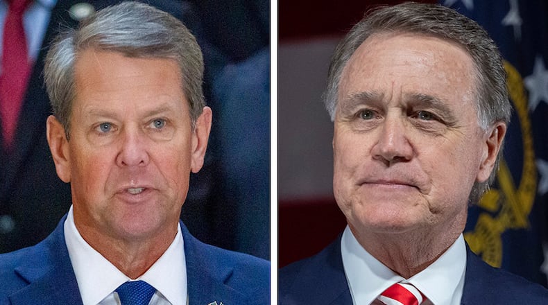 A new Emerson College/The Hill poll shows Gov. Brian Kemp, left, leading former U.S. Sen. Davide Perdue 43% to 32% among GOP primary voters. The poll had a margin of error of 3 percentage points.