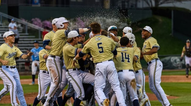 Georgia Tech's baseball team celebrates an 11-10 walk-off win over North Carolina on April 6, 2019. (Danny Karnik/Georgia Tech Athletics)