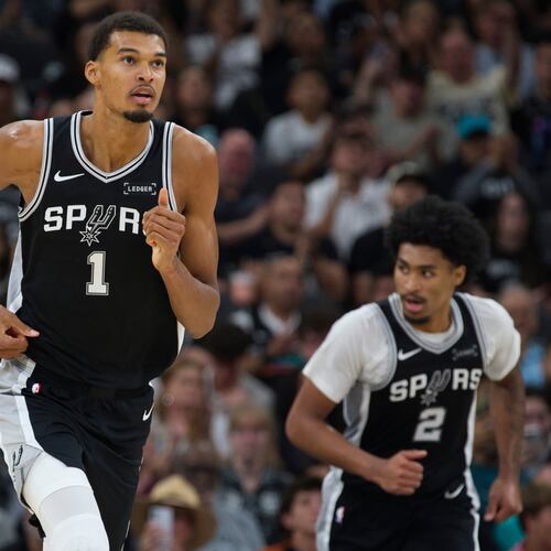 San Antonio Spurs center Victor Wembanyama (1) runs up-court during the second half of an NBA basketball game against the Toronto Raptors, Monday, Oct. 27, 2025, in San Antonio. (AP Photo/Darren Abate)