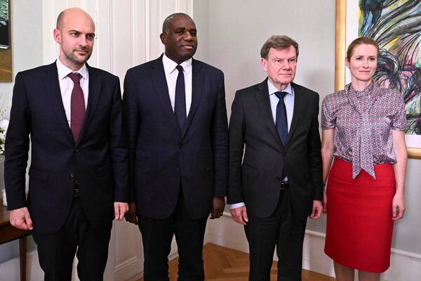 France's Minister for Europe and Foreign Affairs Jean-Noel Barrot, from left, Britain's Foreign Secretary David Lammy, Germany's Foreign Minister Johann Wadephul and European Union High Representative for Foreign Affairs and Security Policy, Kaja Kallas, pose for photographs in the offices of the honorary Consul of the Federal Republic of Germany in Geneva, Friday, June 20, 2025. (Fabrice Coffrini/Keystone via AP)