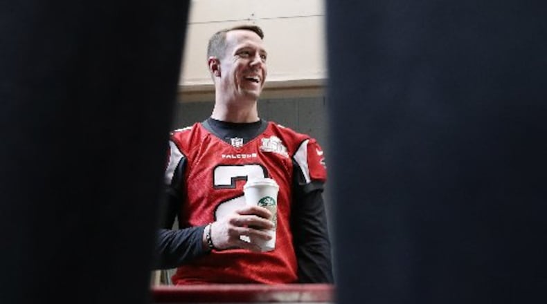 Compared to Tom Brady, Matt Ryan has been in the background during Super Bowl week. (Curtis Compton/ccompton@ajc.com)