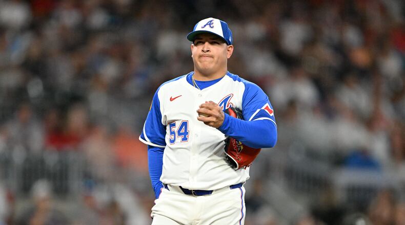 Atlanta Braves pitcher José Suarez pitched in seven games with the Braves in 2025.(Hyosub Shin/AJC)