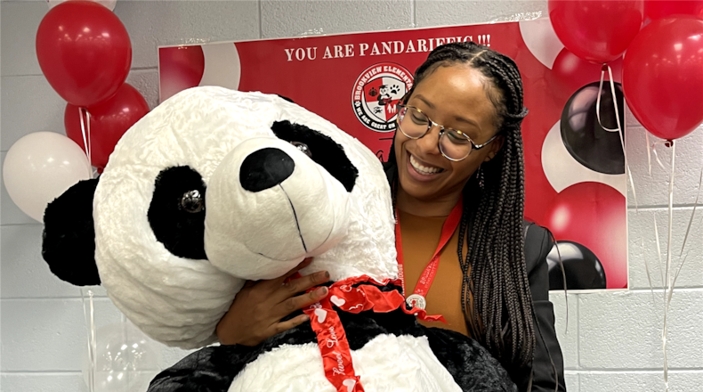 Art teacher Precious Bayan was named the 2022-2023 Fulton County Schools' Teacher of the Year. Bayan teaches at Brookview Elementary School, whose mascot is a panda. (Courtesy of Fulton County Schools)