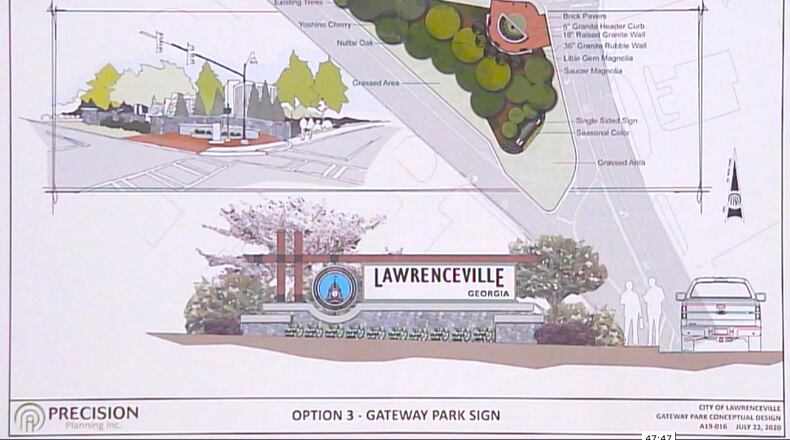 Lawrenceville's new gateway signage and landscaping will be installed at the former gas station site across from city hall in the triangle formed by Clayton, Perry and Nash Streets. (Courtesy City of Lawrenceville)