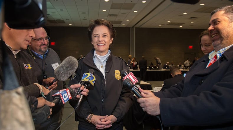 Atlanta’s Chief of Police Erika Shields talks with the media before the start of the Super Bowl LIII Executive Public Safety Tabletop Exercise at the Georgia World Congress Center Wednesday, November 5, 2018.