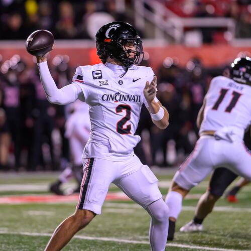 FILE - Cincinnati quarterback Brendan Sorsby (2) throws the football during the first half an NCAA college football game, Saturday against Utah, Nov. 1, 2025, in Salt Lake City, Utah. (AP Photo/Tyler Tate, File)