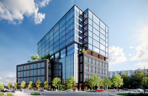 This is a rendering of the 14-story 1050 Brickworks building, which opened in west Midtown in 2024. Asana Partners built the tower during COVID-19 after it acquired the Brickworks business park. (Courtesy of Sterling Bay)