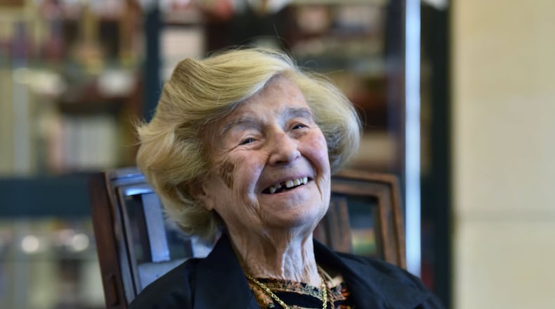Eva Friedlander smiles before she speaks to a group of students from Darlington School about the Holocaust, at the William Breman Jewish Heritage Museum in Atlanta, on Feb. 23, 2017. HYOSUB SHIN / HSHIN@AJC.COM