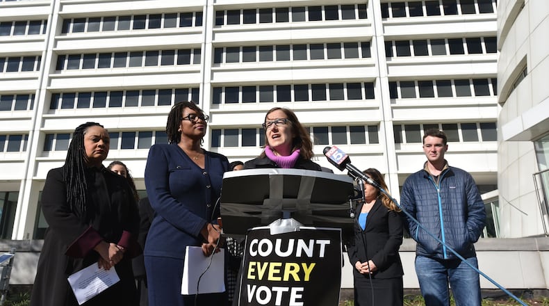 A lawsuit filed in federal court on Tuesday, Nov. 27, 2018, is asking the courts to intervene to protect voters' rights. From left: state Sen. Nikema Williams, attorney Allegra Lawrence-Hardy and Fair Fight Georgia CEO Lauren Groh-Wargo. HYOSUB SHIN / HYOSUB.SHIN@AJC.COM