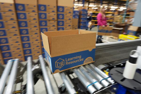 A shipping parcel for Learning Resources, an educational toy company whose products are manufactured in China, is shown at a warehouse in Vernon Hills, Ill., Friday, April 11, 2025. (AP Photo/Nam Y. Huh)