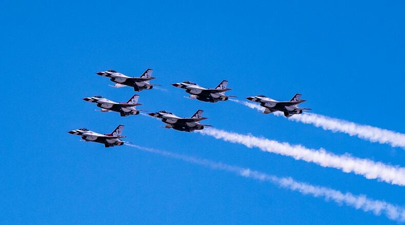 The U.S. Air Force Air Demonstration Squadron, the Thunderbirds, and the U.S. Navy Flight Demonstration Squadron, the Blue Angels, honored frontline COVID-19 first responders and essential workers with formation flights over New York City, New Jersey and Philadelphia on April 28, 2020. This photo was taken as the formation flew over the Lincoln Financial field in Philadelphia.
(U.S. Air National Guard photo by Master Sgt. George Roach)