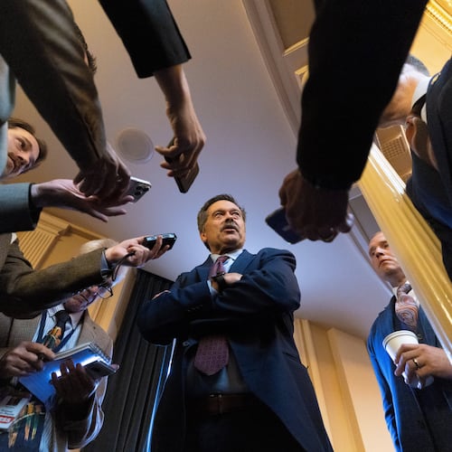 House Minority Leader Del. Terry Kilgore, R-Scott, speaks to members of the media during a special legislative session, Monday, Oct. 27, 2025, in Richmond, Va. (Mike Kropf/Richmond Times-Dispatch via AP)