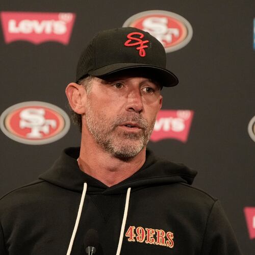 FILE - San Francisco 49ers head coach Kyle Shanahan speaks at a news conference after an NFL football practice Thursday, May 28, 2026, in Santa Clara, Calif. (AP Photo/Jeff Chiu, File)