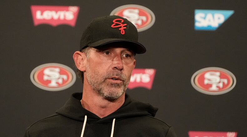 FILE - San Francisco 49ers head coach Kyle Shanahan speaks at a news conference after an NFL football practice Thursday, May 28, 2026, in Santa Clara, Calif. (AP Photo/Jeff Chiu, File)