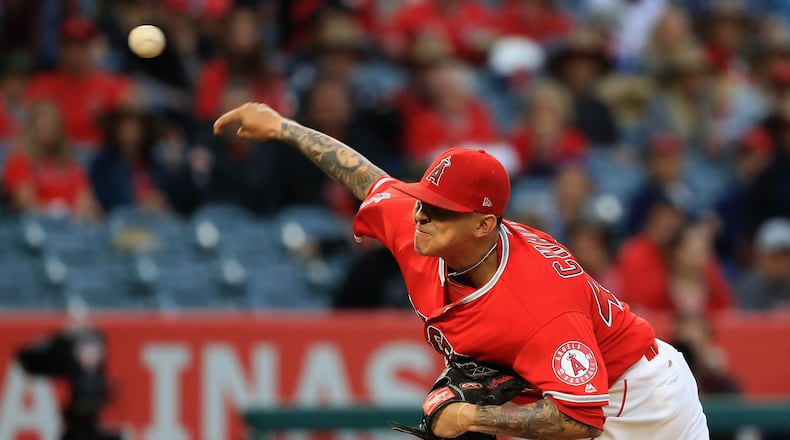 ANAHEIM, CA - MAY 31: Jesse Chavez #40 of the Los Angeles Angels of Anaheim pitches during the first inning of a game against the Atlanta Braves at Angel Stadium of Anaheim on May 31, 2017 in Anaheim, California. (Photo by Sean M. Haffey/Getty Images)