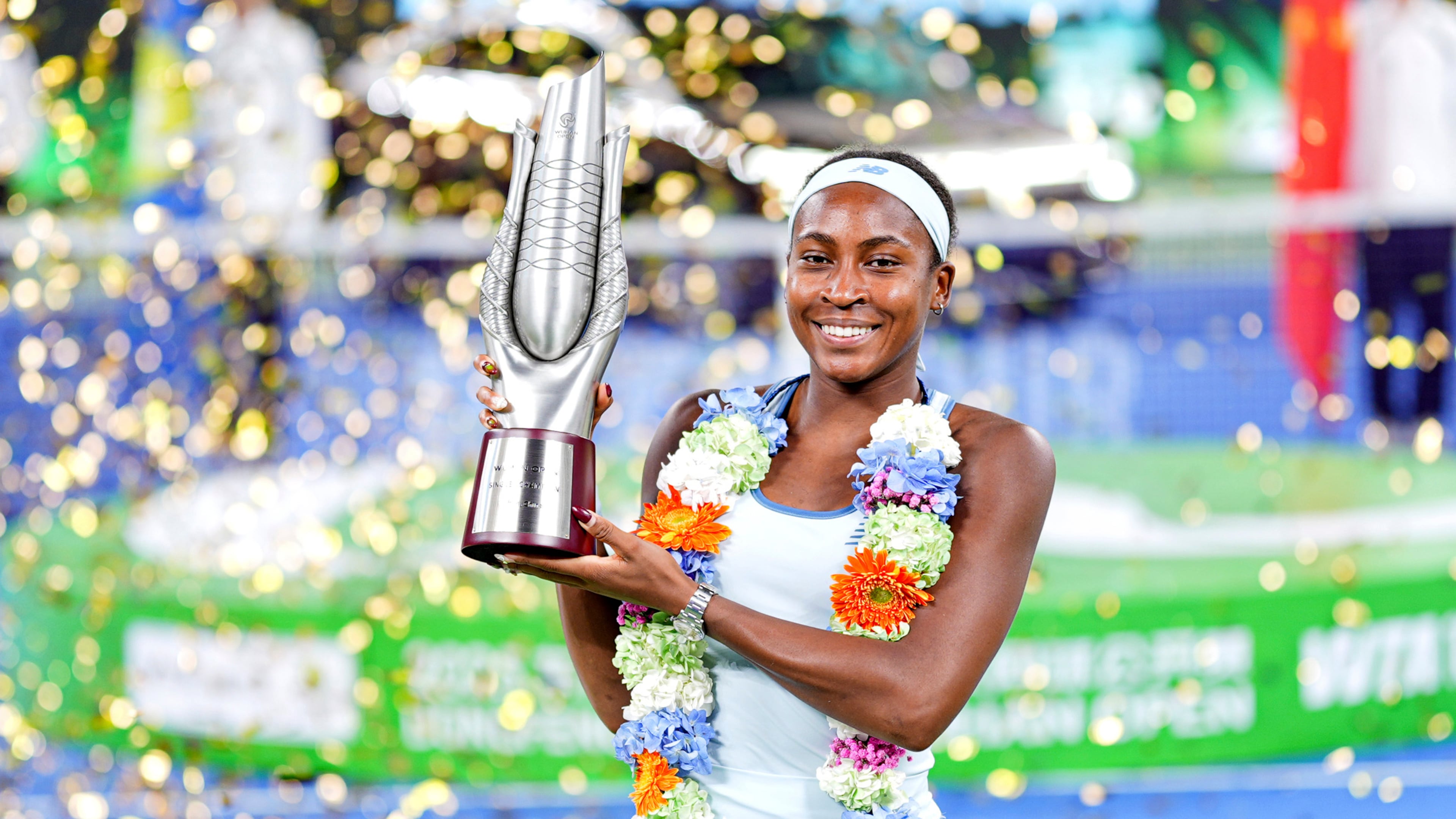 Coco Gauff of the United States celebrates with her trophy after defeating her compatriot Jessica Pegula in the women's singles final at the WTA Wuhan Open in Wuhan in central China's Hubei province Sunday, Oct. 12, 2025. (Chinatopix Via AP) CHINA OUT