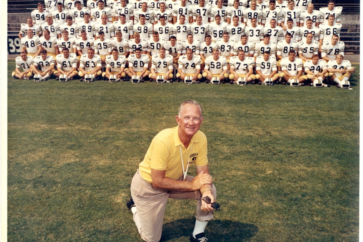Legendary Georgia Tech football coach Bobby Dodd poses with his 1966 team for a preseason photo. (Photo courtesy of Georgia Tech Digital Archives)