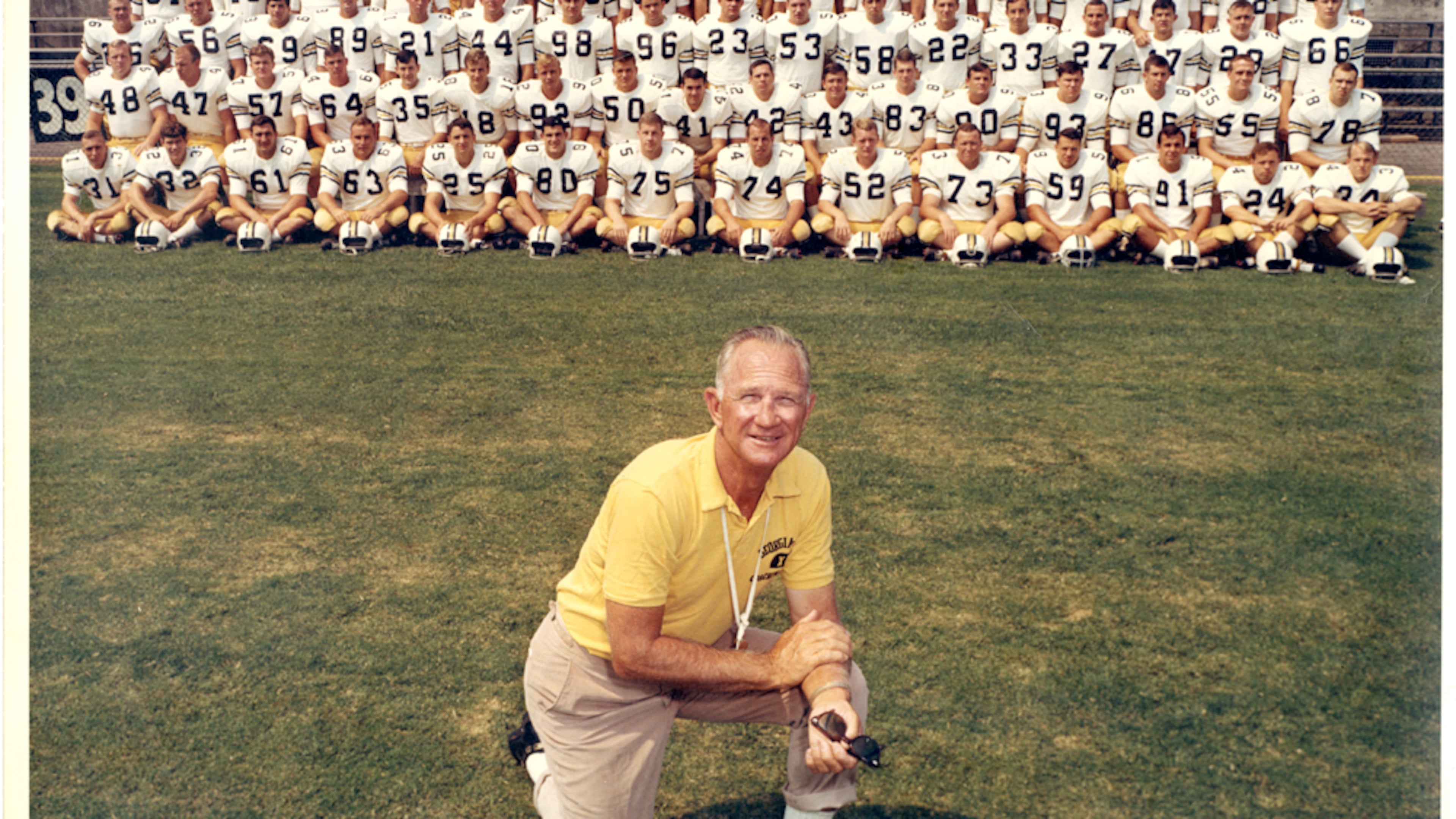 Legendary Georgia Tech football coach Bobby Dodd poses with his 1966 team for a preseason photo. (Photo courtesy of Georgia Tech Digital Archives)