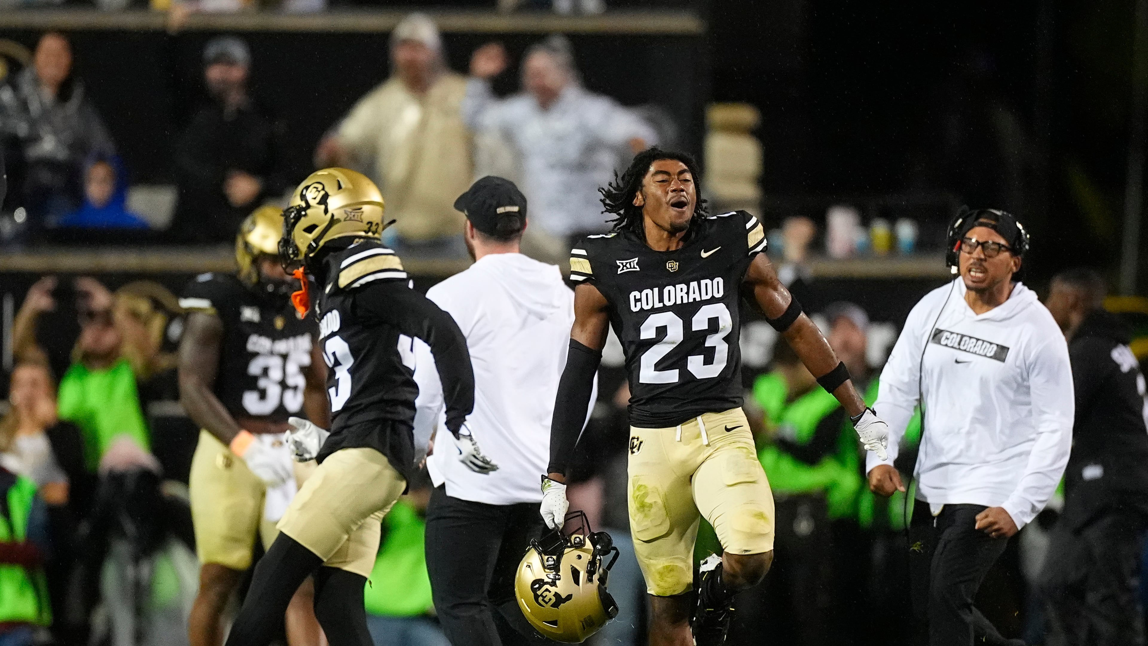 Colorado safety Carter Stoutmire (23) celebrates after an overtime victory in an NCAA college football game Saturday, Sept. 21, 2024, in Boulder, Colo. (David Zalubowski/AP)