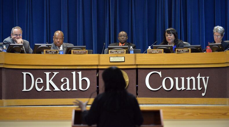 August 26, 2014 Decatur - DeKalb County commissioners (from left) Jeff Rader, Stan Watson, Larry Johnson, Sharon Barnes Sutton and Kathie Gannon listen during a public comment session at a meeting at Dekalb County Government Administration Building in Decatur on Tuesday, August 26, 2014. A day after resigning from office, DeKalb County Commissioner Elaine Boyer announced in court Tuesday she pleaded guilty to federal charges accusing her of two schemes to pocket tens of thousands of dollars from taxpayers. HYOSUB SHIN / HSHIN@AJC.COM The DeKalb County Commission: (from left) Jeff Rader, Stan Watson, Larry Johnson, Sharon Barnes Sutton and Kathie Gannon. Newly elected Commissioner Nancy Jester is also a member of the board. (HYOSUB SHIN / HSHIN@AJC.COM)