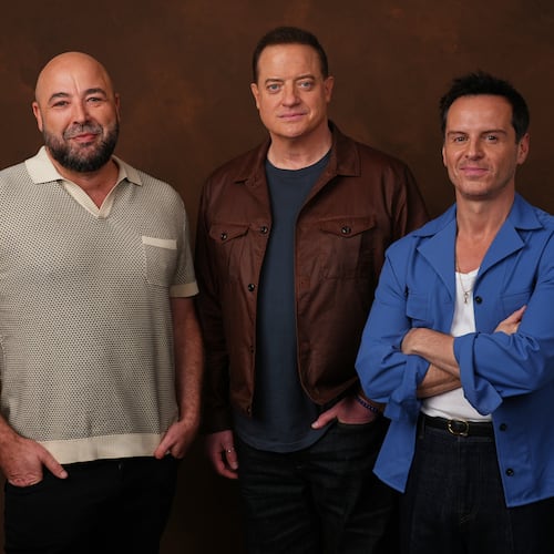 Anthony Maras, left, director/co-writer of the film "Pressure," poses with cast members Brendan Fraser, center, and Andrew Scott on Tuesday, May 12, 2026, in Los Angeles. (AP Photo/Chris Pizzello)
