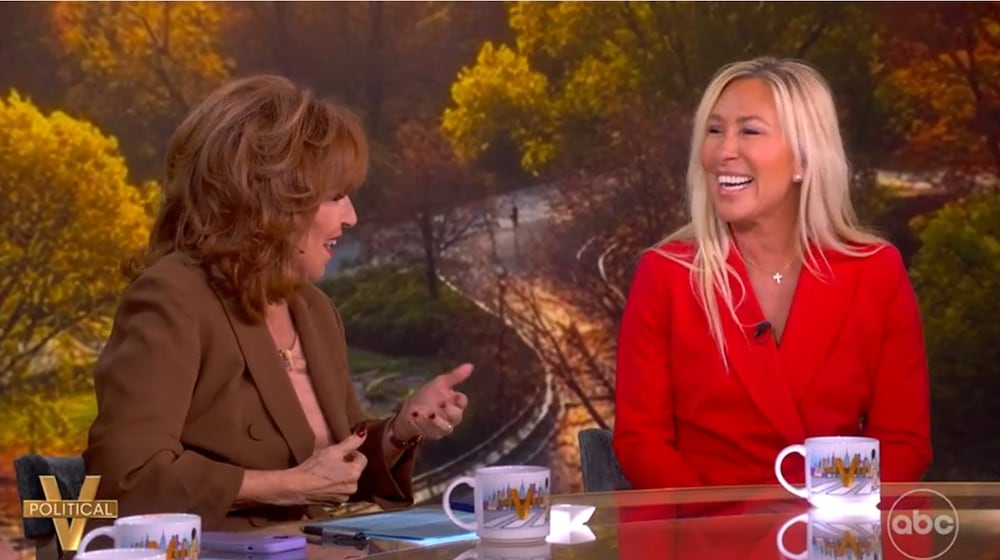 U.S. Rep. Marjorie Taylor Greene (right) shares a laugh with ABC's "The View" host Joy Behar during this screenshot taken during her interview on Nov. 4, 2025. (ABC)