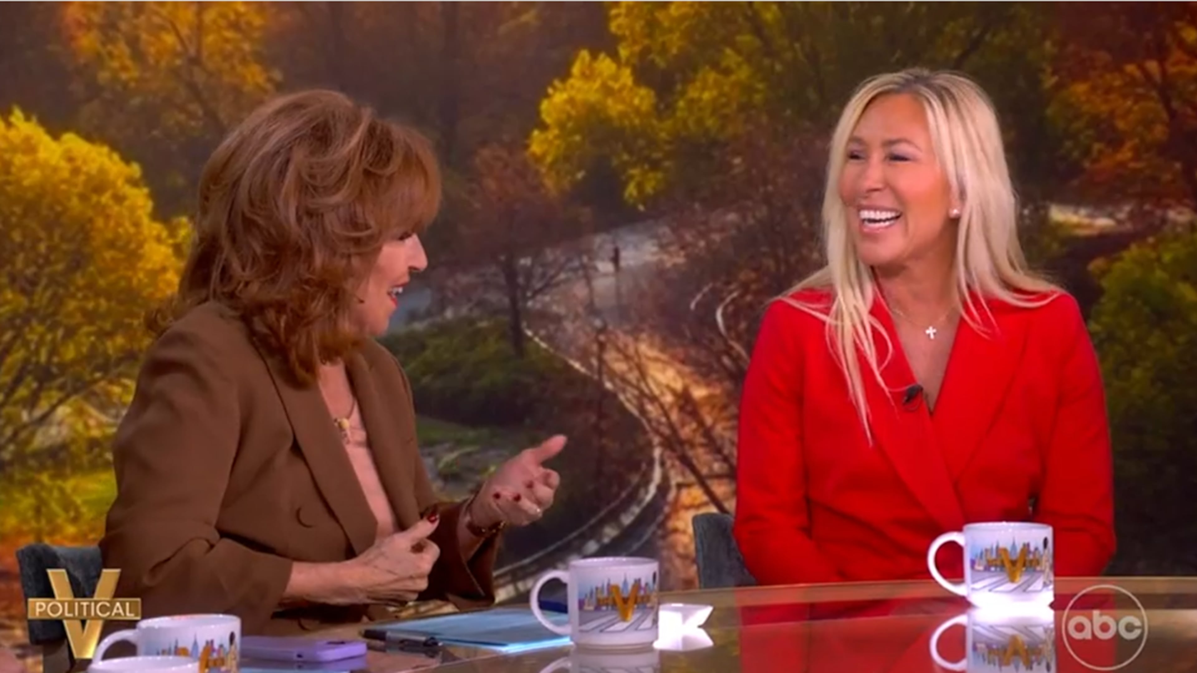 U.S. Rep. Marjorie Taylor Greene (right) shares a laugh with ABC's "The View" host Joy Behar during this screenshot taken during her interview on Nov. 4, 2025. (ABC)