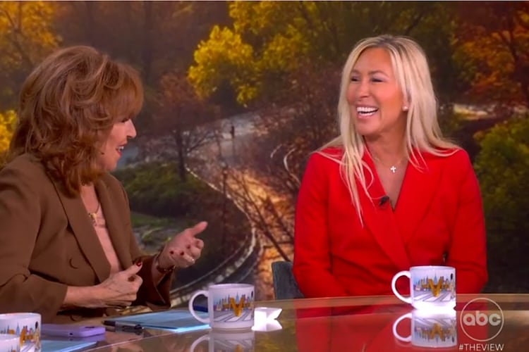 U.S. Rep. Marjorie Taylor Greene (right) shares a laugh with ABC's "The View" host Joy Behar during this screenshot taken during her interview on Nov. 4, 2025. (ABC)