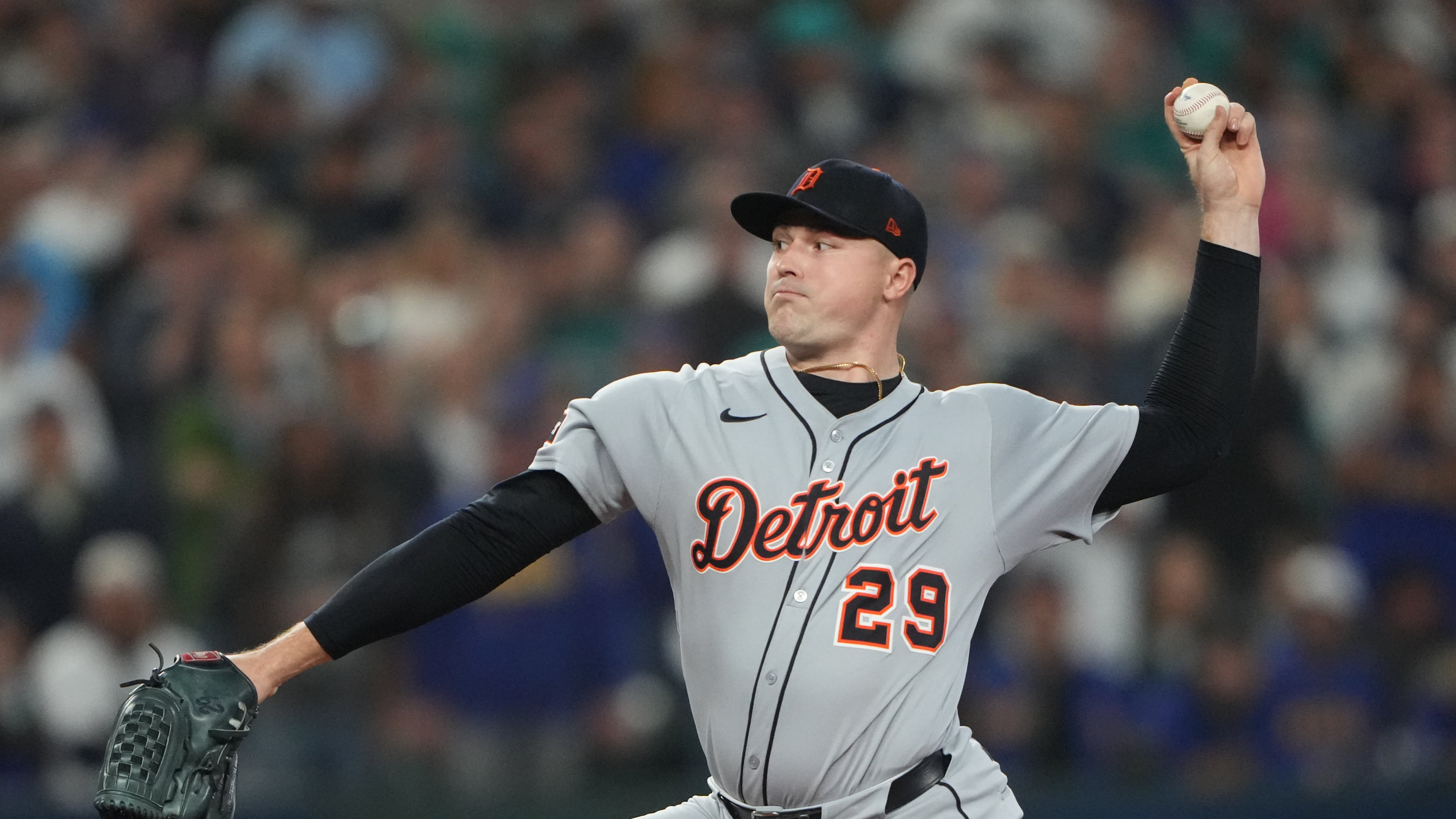 Detroit Tigers pitcher Tarik Skubal throws during the first inning in Game 5 of baseball's American League Division Series against the Seattle Mariners, Friday, Oct. 10, 2025, in Seattle. (AP Photo/Lindsey Wasson)