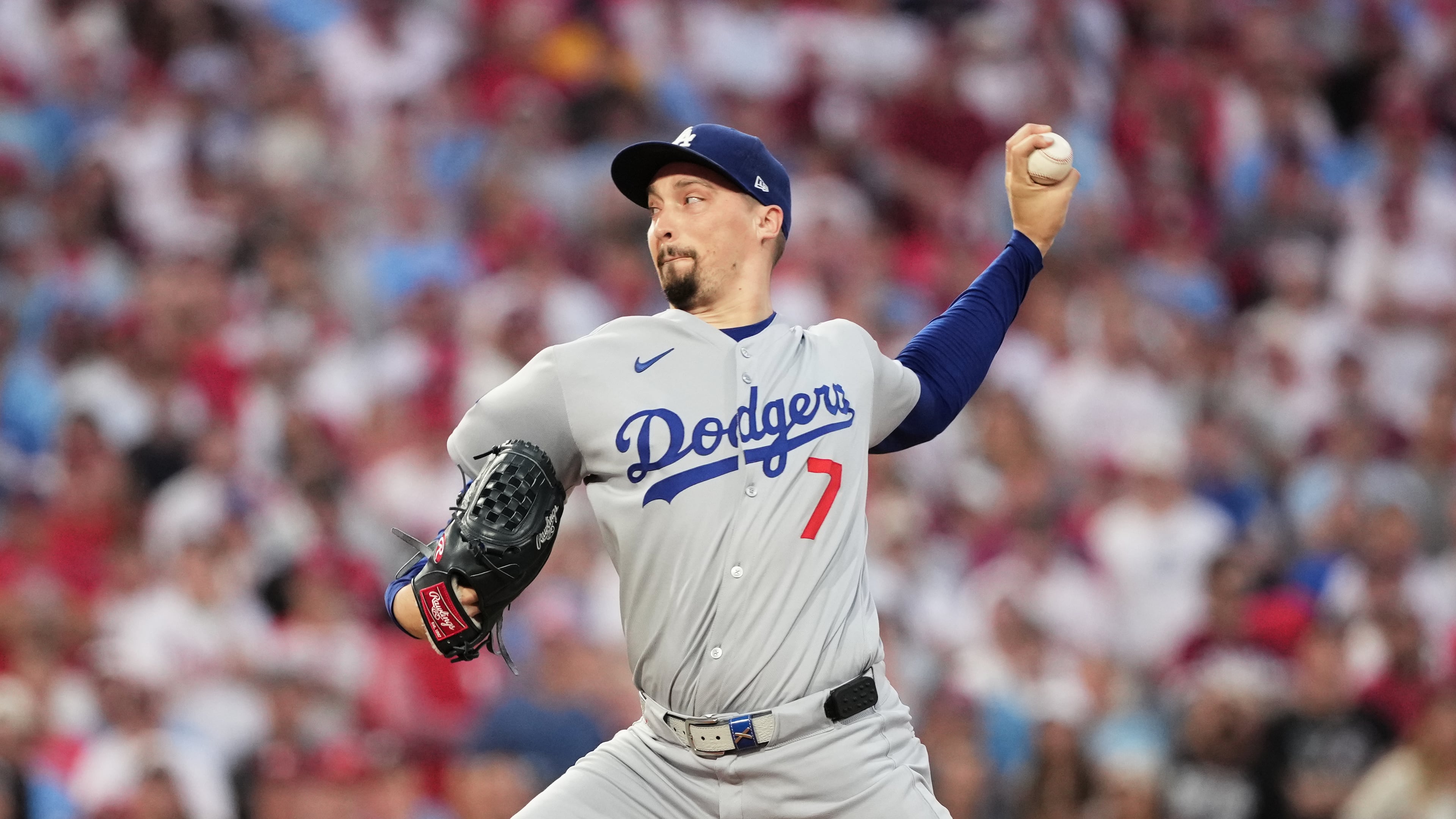 Los Angeles Dodgers starting pitcher Blake Snell throws during the first inning in Game 2 of baseball's National League Division Series against the Philadelphia Phillies, Monday, Oct. 6, 2025, in Philadelphia. (AP Photo/Matt Slocum)