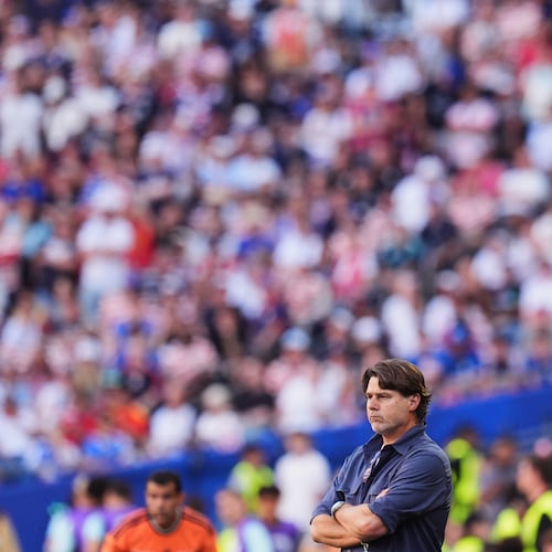 United States head coach Mauricio Pochettino looks on during the World Cup round of 16 soccer match against Belgium in Seattle, Monday, July 6, 2026. (AP Photo/Manu Fernandez)