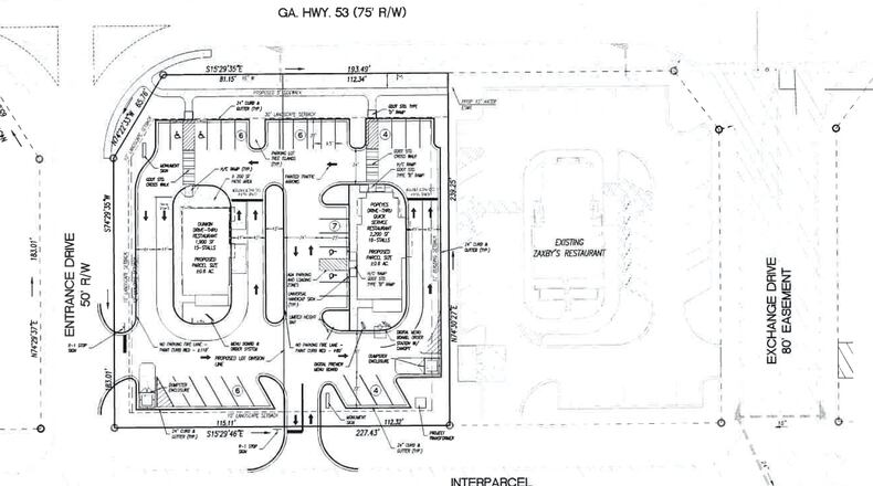 The Braselton Zoning Board of Appeals will hold a public hearing April 14 to discuss a request to modify the lot size of property on Highway 53 next to the existing Zaxby’s restaurant. (Courtesy Town of Braselton)