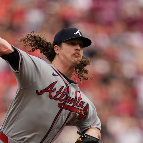 Atlanta Braves pitcher Grant Holmes throws during the first inning of a baseball game against the Cincinnati Reds in Cincinnati, Friday, May 29, 2026. (AP Photo/Carolyn Kaster)