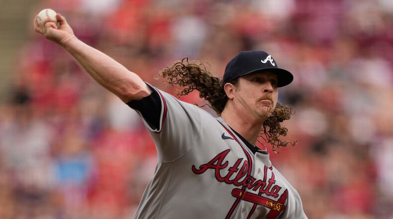Atlanta Braves pitcher Grant Holmes throws during the first inning of a baseball game against the Cincinnati Reds in Cincinnati, Friday, May 29, 2026. (AP Photo/Carolyn Kaster)