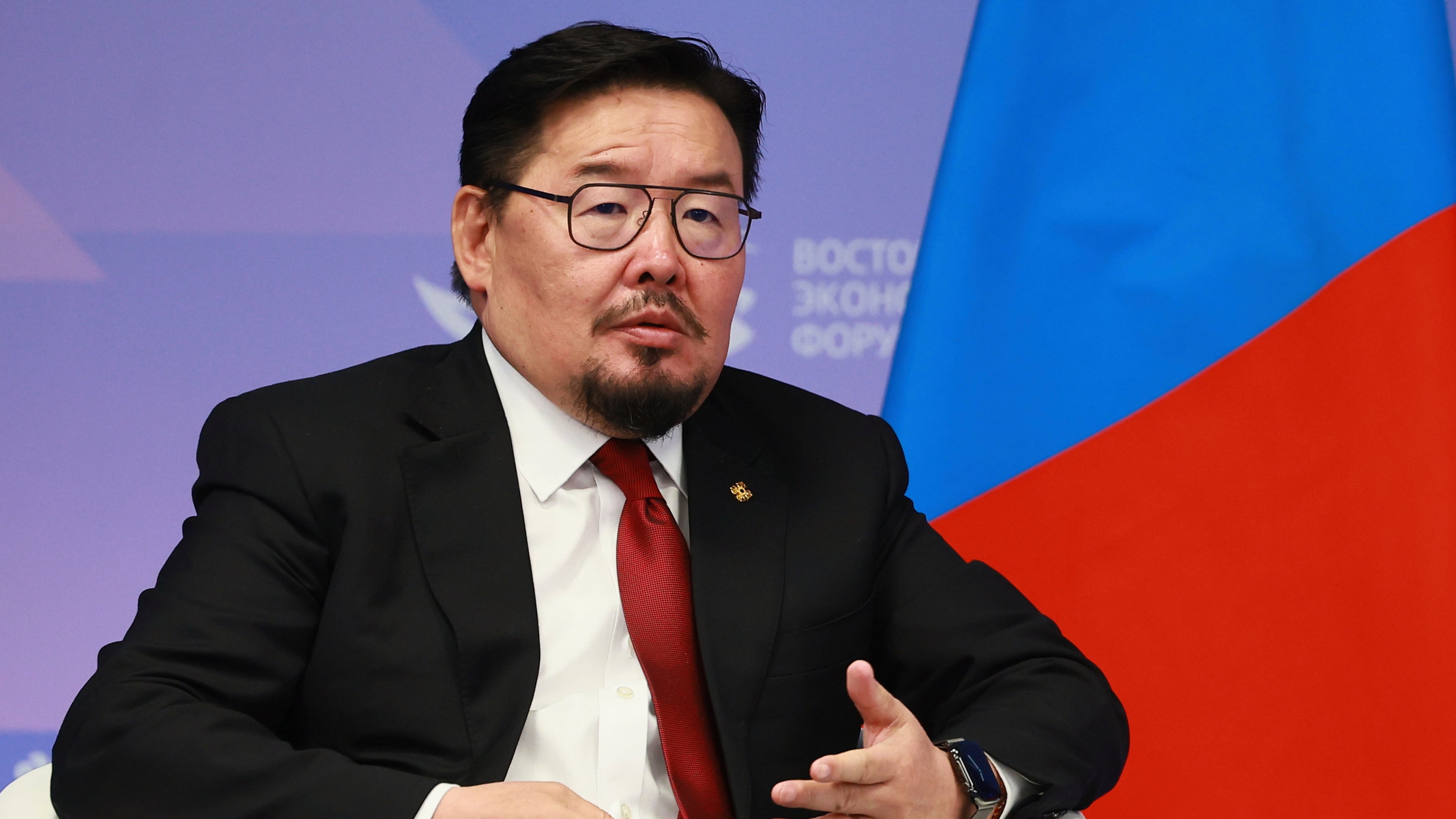 FILE -Mongolian Prime Minister Gombojavyn Zandanshatar speaks to Russian President Vladimir Putin during their meeting on the sidelines of the Eastern Economic Forum in Vladivostok, Russia, Sept. 4, 2025. (Vladimir Smirnov, Sputnik, Kremlin Pool Photo via AP, File)