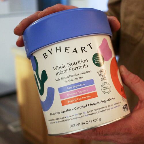 FILE - A container of ByHeart baby formula, which was recently recalled by ByHeart, in Flagstaff, Ariz., on Wednesday, Nov. 12, 2025. (AP Photo/Cheyanne Mumphrey, File)