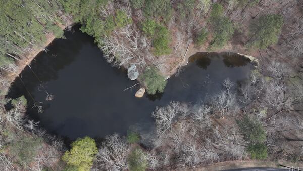 A drone image shows part of the 50-acre Tatum Lakes property southwest of Atlanta on Thursday, March 19, 2026. The city of Atlanta announced the acquisition of the 50-acre Tatum Lakes property, marking a significant step toward turning the urban forest into a publicly accessible park and nature preserve. (Miguel Martinez/AJC)