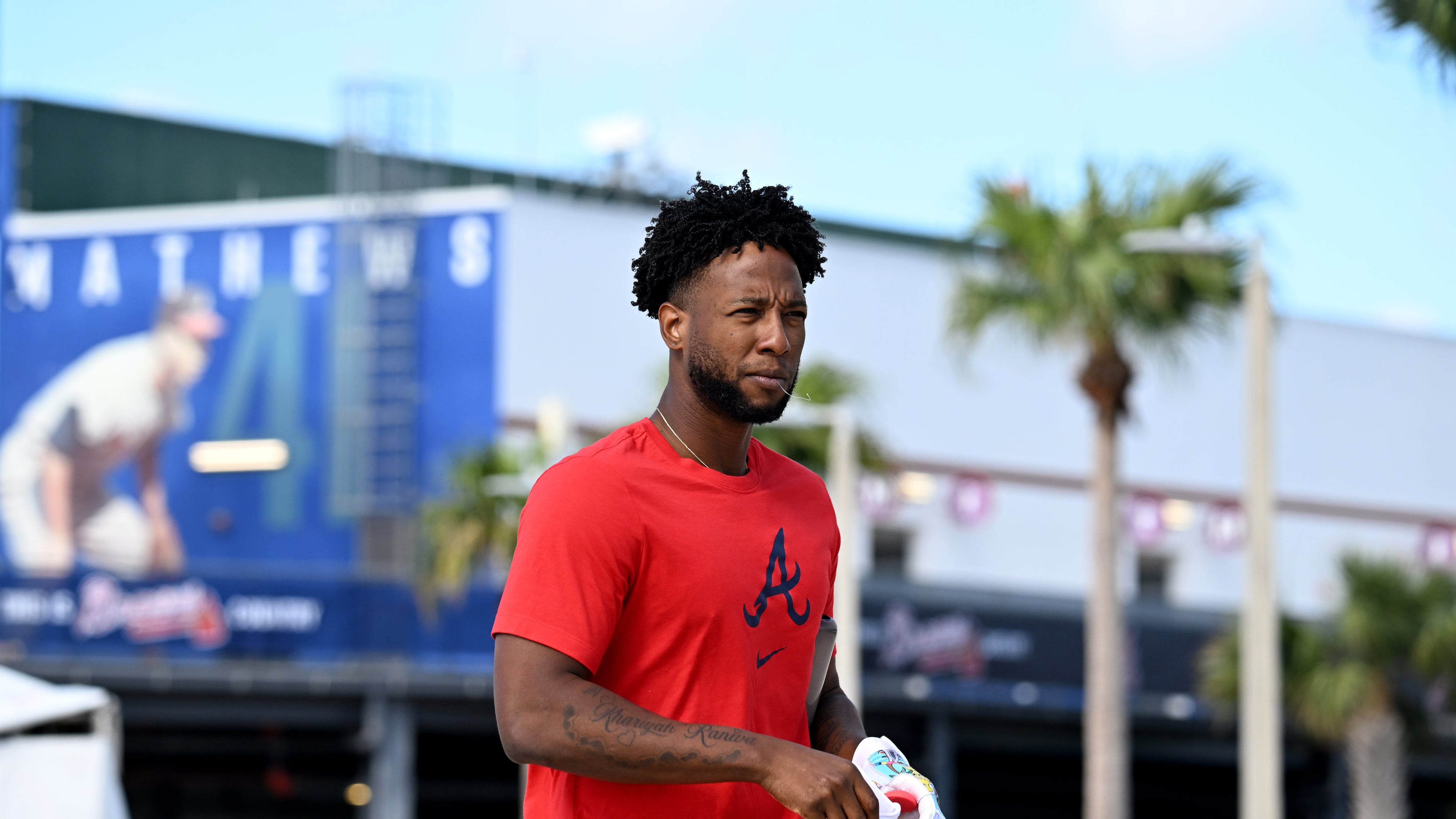 Atlanta Braves outfielder Jurickson Profar prepares for an indoor batting practice during spring training workouts at CoolToday Park, Saturday, February 15, 2025, North Port, Florida. Profar returned for the Braves on Wednesday, July 2, following an 80-game suspension. (Hyosub Shin/AJC)