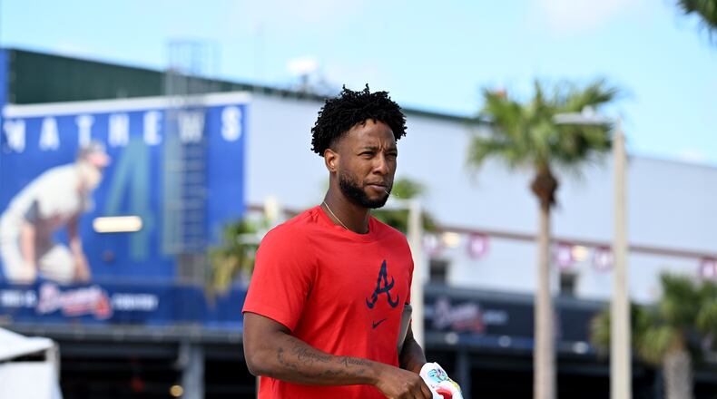 Atlanta Braves outfielder Jurickson Profar prepares for an indoor batting practice during spring training workouts at CoolToday Park, Saturday, February 15, 2025, North Port, Florida. (Hyosub Shin / AJC)