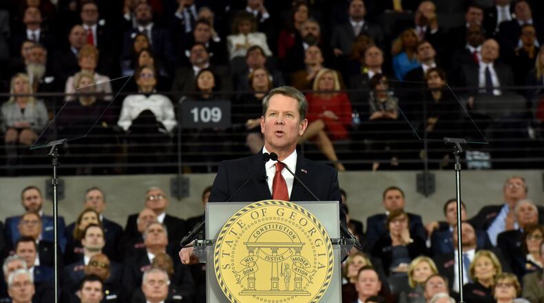 January 14, 2019 Atlanta - Georgia's 83rd Governor Brian Kemp speaks after he took the oath of office during the swearing-in ceremony at McCamish Pavilion in Campus of Georgia Tech  on Monday, January 14, 2019. HYOSUB SHIN / HSHIN@AJC.COM